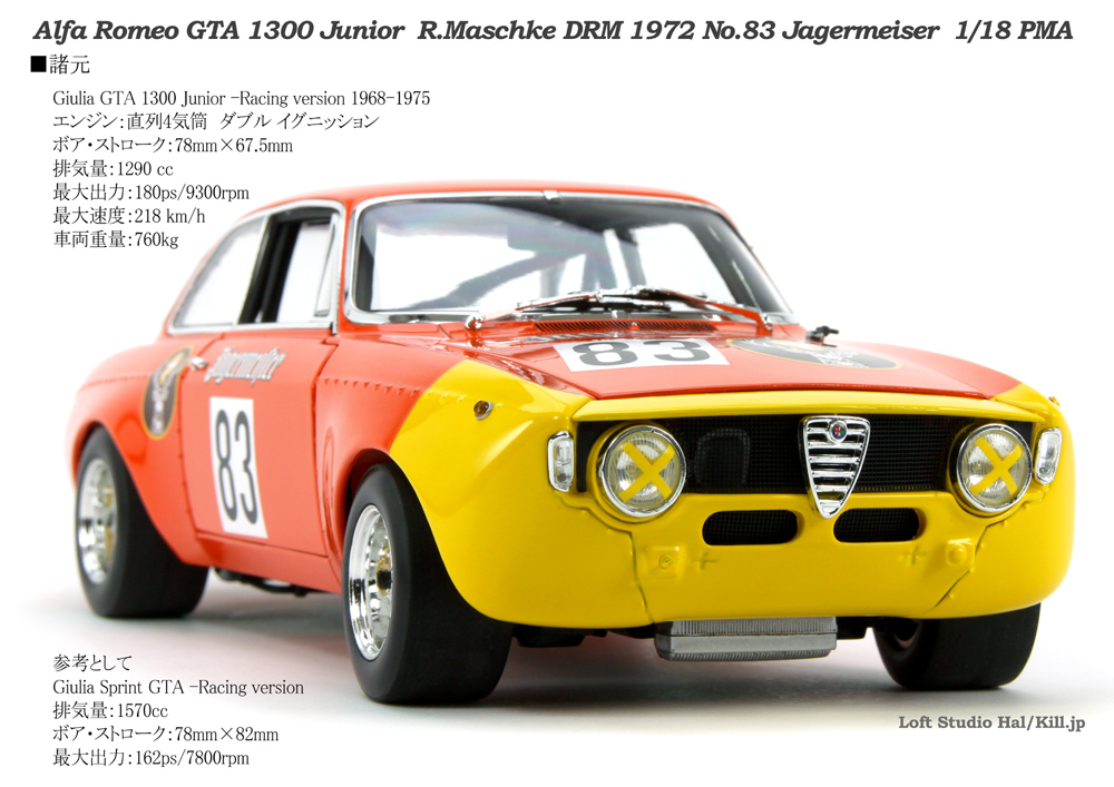 Alfa Romeo GTA 1300 Junior R.Maschke DRM 1972 No.83 Jagermeiser 1/18 PMA